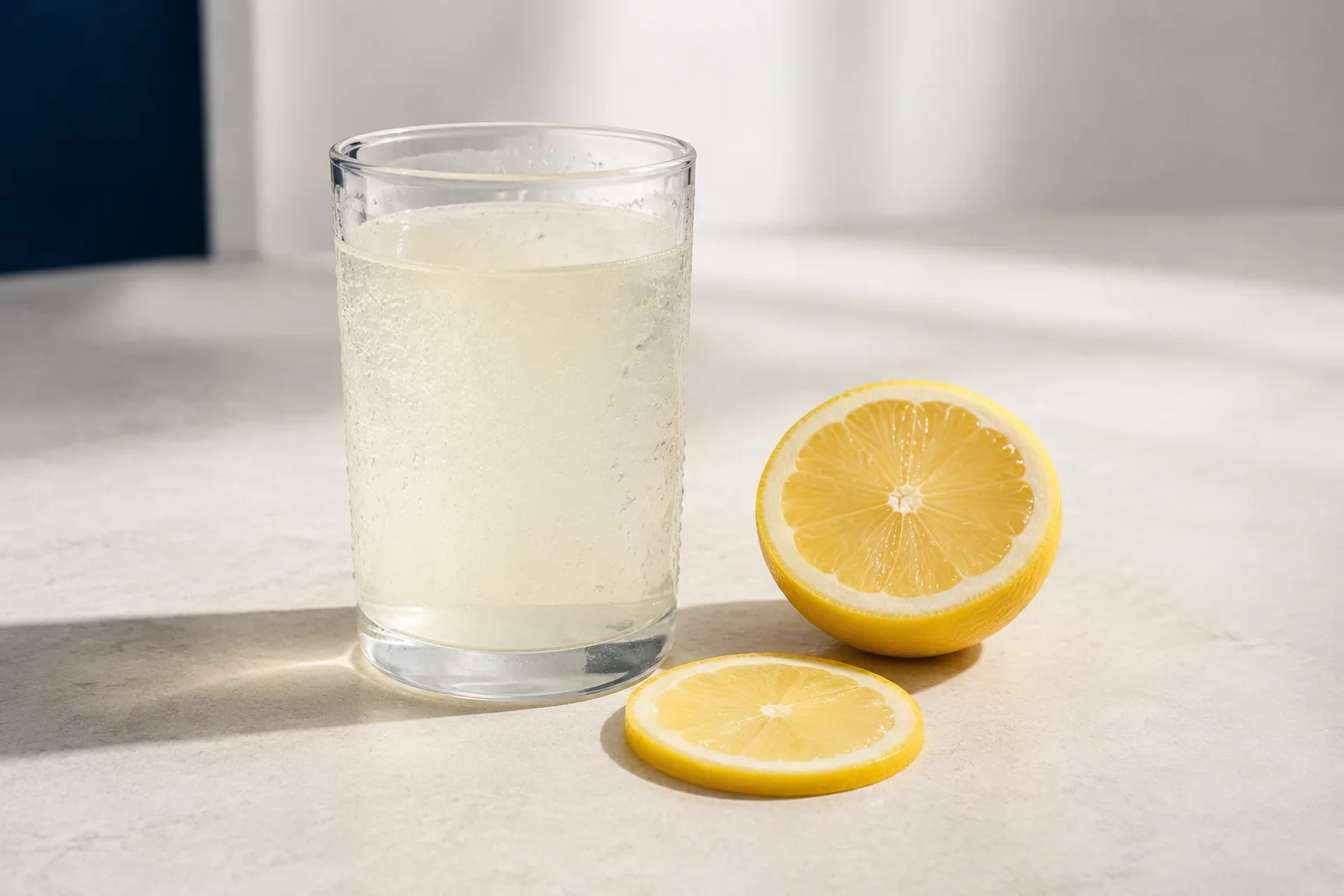 Helles Lemon-Getränk im Glas mit Kondenswasser, einer Zitronenhälfte und einer Scheibe im Morgenlicht; generierter Serviervorschlag
