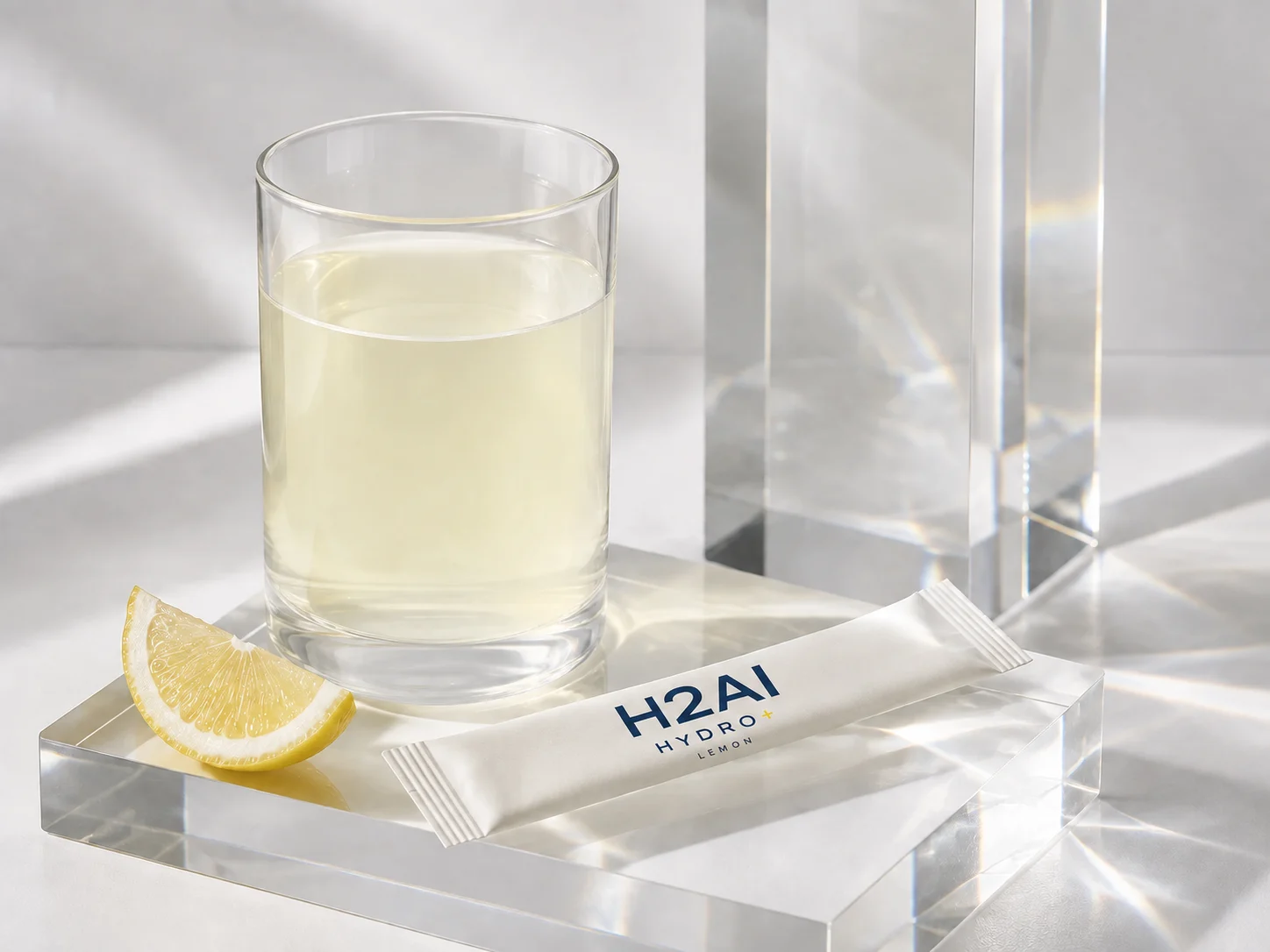 Lemon-Getränk, HYDRO+ Stick und Zitronenspalte in einer Glas-Studioinszenierung; generierter Serviervorschlag
