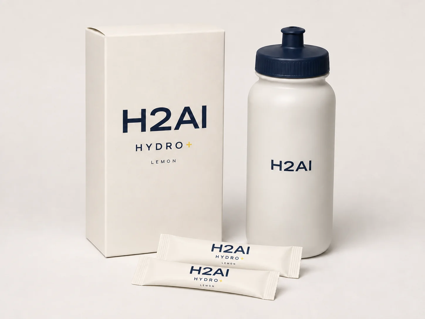 Designvisualisierung des HYDRO+ Lemon Starter-Sets: eine Packung, zwei einzelne Sticks und eine 500-ml-Trinkflasche